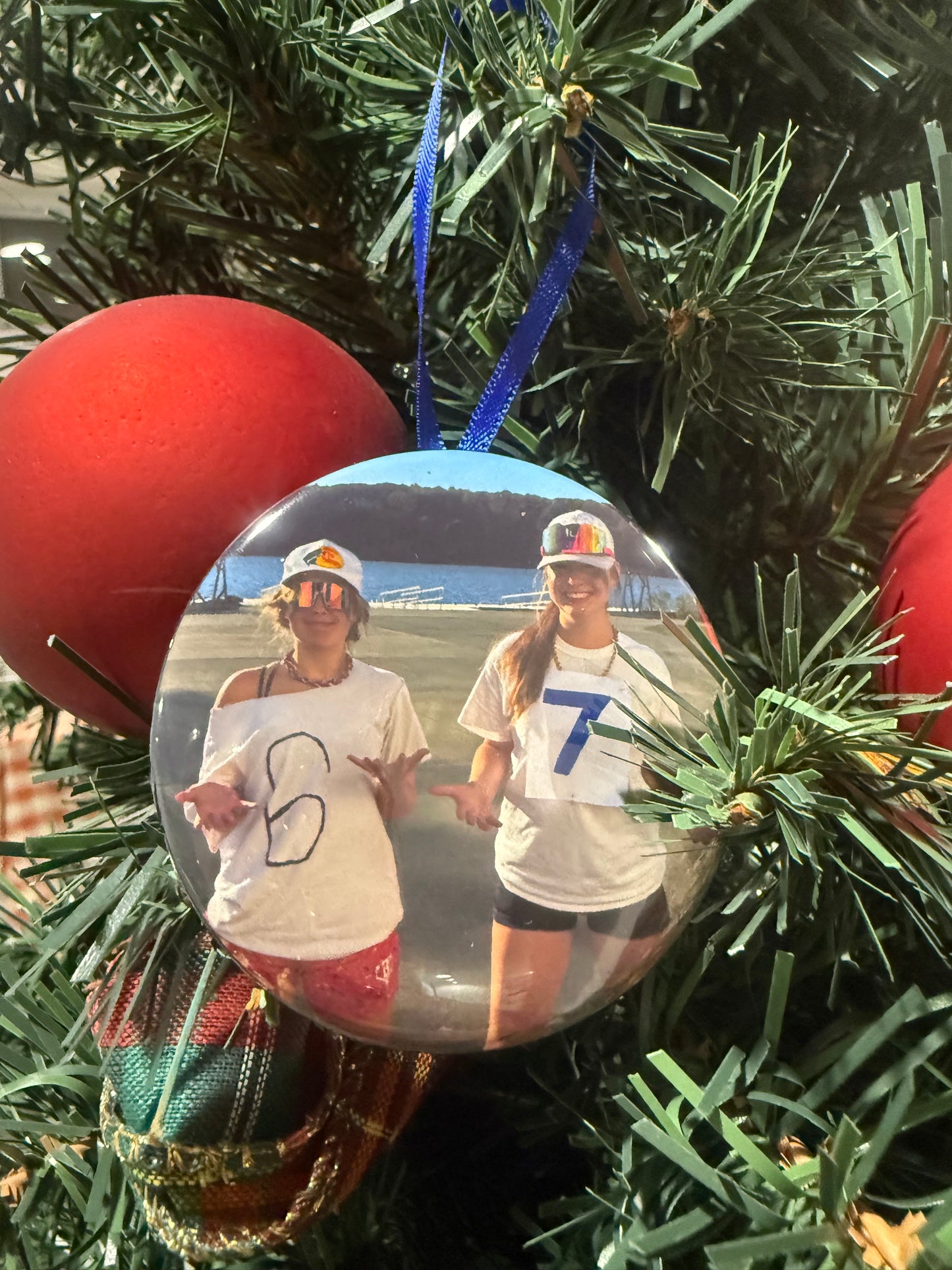 Custom 2.25" Photo Christmas Ornament – Red or Blue Ribbon