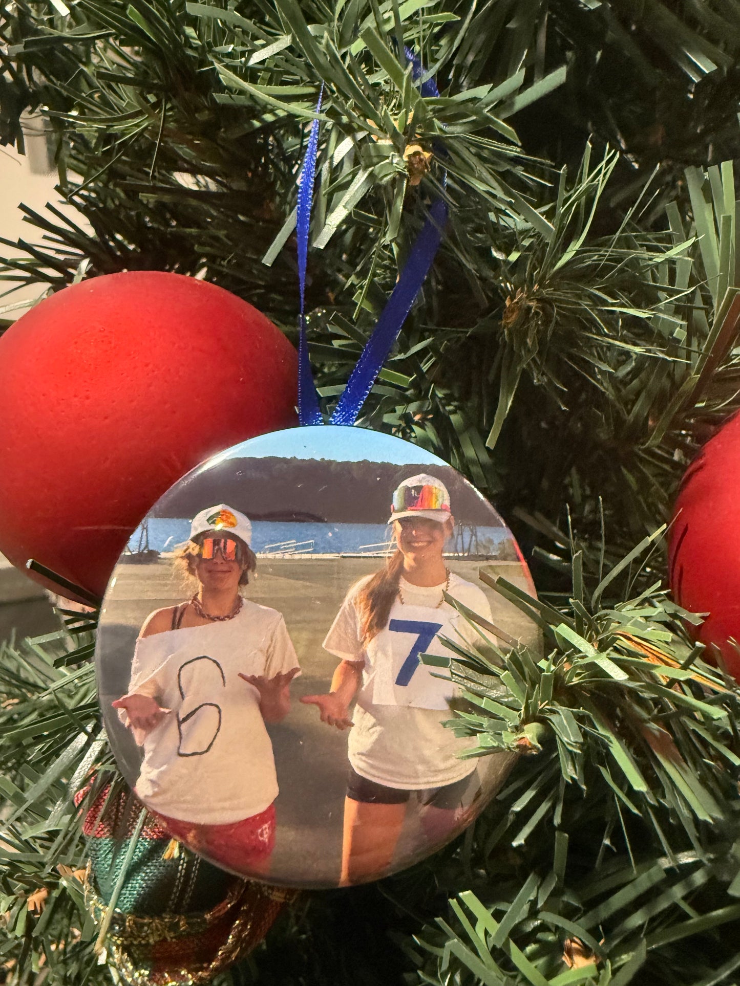 Custom 2.25" Photo Christmas Ornament – Red or Blue Ribbon