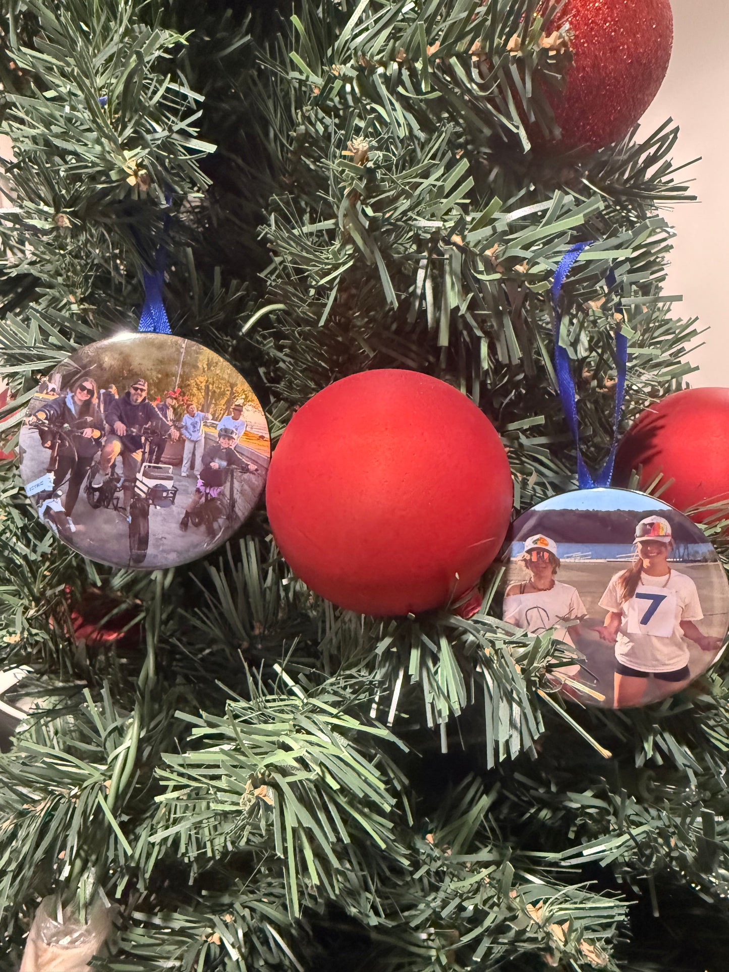 Custom 2.25" Photo Christmas Ornament – Red or Blue Ribbon